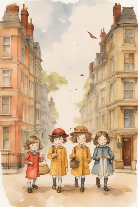 <lora:Kate Greenaway Style:1>Kate Greenaway Style - watercolour illustration of victorian children playing in style of wes Anderson and studio ghibli