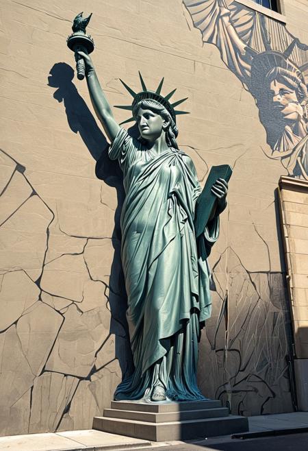 masterpiece art, tall highrise housing, the projects highrise, front view of beige color flat concrete wall with (colossal mural painted on wall:2.0), (hyper realistic painting of the Statue of Liberty also known as Lady Liberty:2.0), she is standing tall, wearing a her famous robe with beatiful intricate creases, though this image of her has been modified with alterations, she has black gaffer tape or black duct tape covering her eyes (see no evil), she has placed her beautiful hands with elegant fingers covering her ears on either side of head (hear no evil), she has black gaffer tape or black duct tape covering her mouth so she cannot speak (speak no evil), she has dropped the torch and the torch has fallen outside of the wall and onto the street below, the famous Liberty torch with a short handle is lying on it's side on the ground, surrounding the fallen torch are cracks in the street, with long shadows casted. ArsMJStyle, Colored pencil hyperdetailed realism