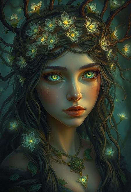 A magical forest princess crowned with woven vines and bioluminescent flowers, her eyes glowing with the wisdom of ancient spirits. Stylized naturalism with touches of Brian Froud, Alphonse Mucha, and Agnes Cecile.