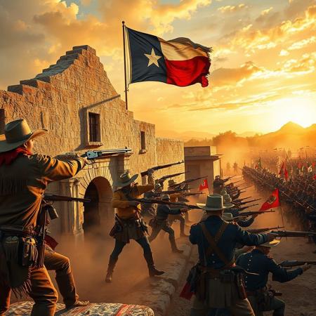 A cinematic, expansive battle scene at the Alamo mission under a fiery Texas dawn, with Texian defenders holding the battered adobe walls against a vast Mexican army. The tattered Texas flag, white star on blue, flies defiantly above the mission’s battlements, where cannons roar, smoke billowing. Dust swirls across the courtyard as Texians fire from barricades, with distant Mexican ranks advancing in waves.
Texian Defenders: Rugged adult Texians, in mixed militia gear, wield muskets with bayonets, Bowie knives, and flintlock pistols. They wear leather jackets, fringed vests, and coonskin caps or wide-brimmed hats. Clothing is earthy tan, brown, and faded blue, with red bandanas and patched cotton shirts stained with sweat and blood. Barricades of wood and adobe bear makeshift repairs. Colors are rugged browns, tans, and blues, with the flag’s white and blue prominent.
Mexican Army: Adult Mexican infantry in disciplined ranks fire muskets and scale ladders, wearing dark blue shako hats with brass badges, blue wool coats with red epaulettes, and white trousers. Artillery crews load cannons in the background. Colors are deep blue, red, and white, with gold button accents and red-green Mexican banners.
The Alamo’s scarred walls and cannon smoke dominate, lit by golden sunlight and long shadows. Dust, blood, and fallen gear add gritty realism. The scene is hyper-detailed, with textured uniforms and chaotic motion.