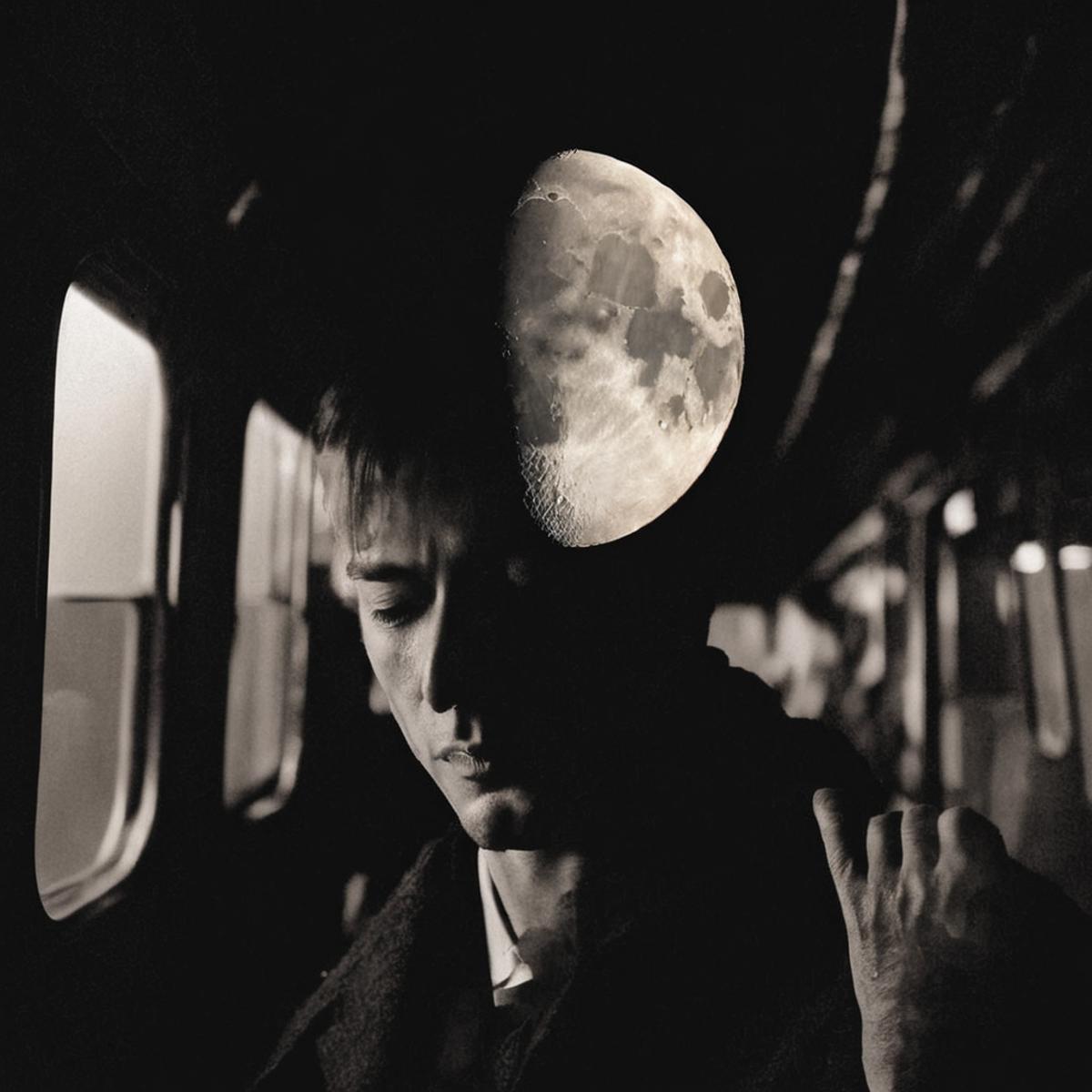 Man looking out of the window with a moon above his head.