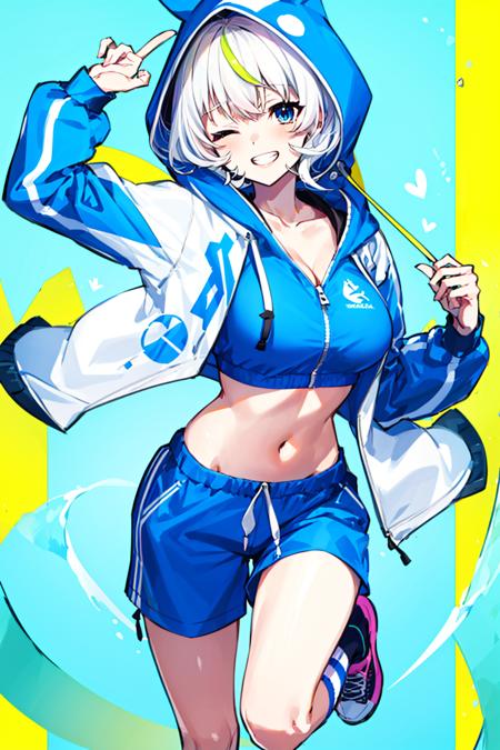 multicolored, 1girl, breasts, smile, grin, cleavage, one_eye_closed, looking_at_viewer, solo, long_hair, hooded_jacket, shorts, jacket, navel, pink_legwear, medium_breasts, shoes, midriff, long_sleeves, water, hood, blue_eyes, yellow_theme, yellow_background, socks, sneakers, stomach, open_clothes, lemon, see-through, white_hair, hood_down, crop_top, white_jacket, yellow_legwear, collarbone, open_mouth, sports_bra, open_jacket, kneehighs <lora:style_MikaPikazo:1>