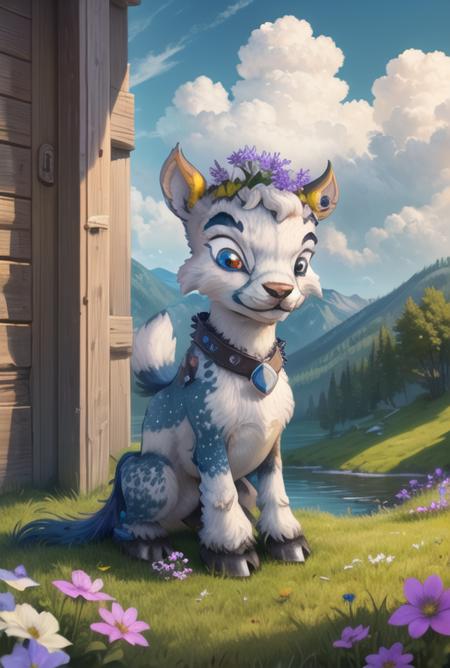 (masterpiece, best quality, highly detailed:1.0), ixi, <lora:Ixi:0.70>, montana, streams, clouds, bluish sky, few flowers, grazing, goat eating grass,black fur, white spots, bright violet eyes