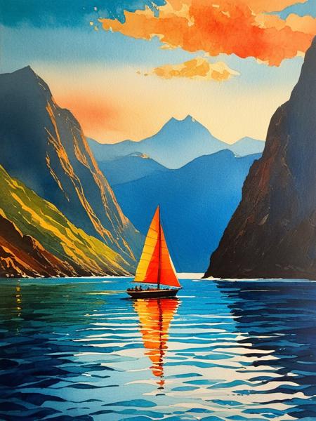 <lora:09WatercolorPainting_Hap_XL:1.5>,Winslow Homer style, watercolor painting, watercolor, Art by  Brooke Shaden ASCIIthe painting in the image is executed in a collage style, where different colored papers have been cut and layered to create the scene. this method results in a visually textured and vibrant representation of the sailboat on water at sunset. the use of various colors and paper textures adds depth and richness to the artwork, making it stand out as a unique piece.,the image portrays a serene scene of a sailboat gently sailing on a body of water. the sailboat, with its red and orange sails, is being navigated by a man dressed in a blue shirt. the backdrop of the image is a picturesque landscape of mountains painted in a collage like style, featuring an array of colors including blues, greens, and yellows. the water surface mirrors the vibrant sky above, reflecting hues of orange and yellow. this captivating scene evokes a sense of tranquility and adventure.,