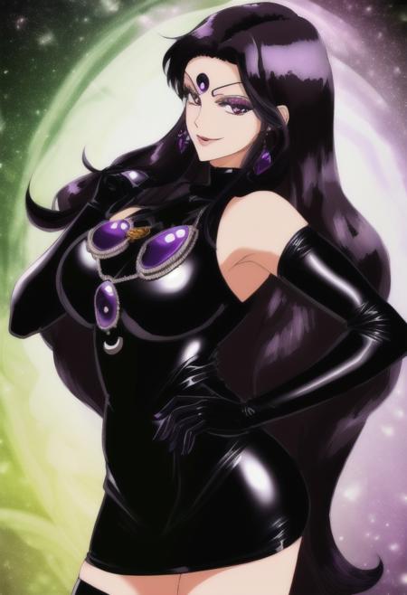 high quality, extremely detailed, perfect face,  <lora:Esmeraude:.7> Esmeraude, (long purple-black hair), (black moon symbol on forehead), black latex bodycon dress, large green gems, large breasts, long black latex gloves, evil smirk  <lora:SailorMarsLORA-000026:1>