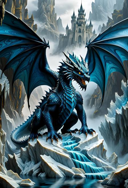 Amidst towering, jagged mountains cloaked in mist, a colossal marble dragon with striking cerulean blue, navy blue, and black brilliantly shiny marbled scales looms menacingly, its fierce golden eye locked onto a solitary figure standing far below. The draconic creature's intricate, spiked maw, filled with sharp teeth, conveys an intimidating presence, while its textured feathers ripple in the wind, showcasing the mastery of its scales. The distant castle, marked by elegant spires and a gothic silhouette, adds an ethereal touch to the scene, hinting at an ancient world steeped in mystery. The soft, diffused light creates a surreal atmosphere, casting delicate shadows that emphasize the dramatic scale difference between the dragon and the cloaked wanderer, evoking a blend of awe and foreboding in this fantastical landscape.<lora:GeekyXL_Liquid_Marble:1> liquid marble
 <lora:add-detail-xl:1> misc