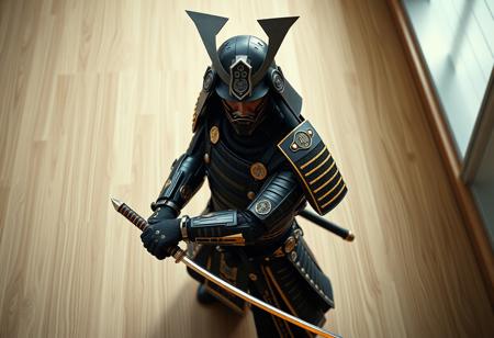 An oval portrait, cinematic photorealistic rendering via Octane Render and Unreal Engine 5: A cyborg samurai warrior, poised in a ready stance on a light-colored wooden floor. Full-body traditional black and gold accent armor covers the figure, a stark contrast. The black kabuto helmet features a distinctive white plume. A sword gleams subtly in the right hand, the left rests on a spear. Intense, captivating lighting creates sharp lines and shadows, highlighting the metallic and fabric textures. Focus is intentional on the samurai, framed perfectly within the oval. High-res, 4K, Exceptional Quality, More Detail, Lifelike Details, Super Detailed Face and Eyes and Clothes, Handcrafted with Precision, High Quality, Stunning Colors, Harmonious Colors, Multi Colored, Contemporary Aesthetics, Beautiful Matte Painting, Impeccable Composition, Creative Angle, Attractive Background, Balanced Editing, Well-timed Moment, Isometric view, Dynamic Action Pose, Vivid Emotions, Beautiful Detailed Eyes, CGSociety, Artstation Trending on ArtstationHQ, Golden Ratio. very detailed.