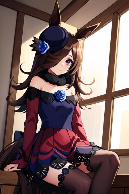 riceshower, hair over one eye, hat, blue rose, horse ears, horse tail off-shoulder dress, long sleeves, black thighhighs tracen school uniform, purple shirt, puffy short sleeves, white skirt, white thighhighs
