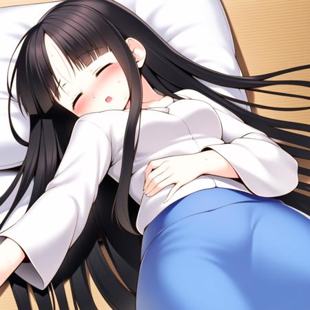 1girl, underwear, houraisan kaguya, long hair, closed eyes, black hair, blush, lying,  solo focus, skirt, pillow, on back, wide sleeves, shirt, very long hair, sweat, breasts, long sleeves, hime cut, <lora:tomoki:0.8>