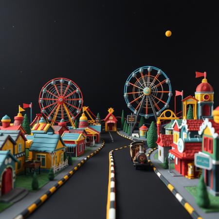 colorful clay amusement park, pov, clay town, claylike world, Claymation, black sky,  space,  wide roads, clay houses, clay dream world, clay Roller Coaster, clay Ferris Wheel, clay Train, clay road signs, clay park,