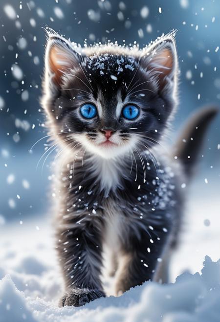 (Masterpiece, ultra-high resolution, hyper-realistic, cinematic lighting, breathtaking details, 8K HDR, adorable and heartwarming atmosphere, winter wonderland, photorealism)
A tiny black kitten with deep, mesmerizing blue eyes joyfully trots through a snow-covered landscape, leaving small paw prints behind. Its soft, fluffy fur is dusted with delicate snowflakes, glistening in the cool winter light. The kitten’s ears perk up, and its tail playfully sways as it explores its surroundings with a curious and happy expression.
The gentle snowfall creates a magical and serene atmosphere, with soft flakes swirling in the air. The background is a blurred winter wonderland, emphasizing the kitten as the main focus. The cold blue and white tones of the snow contrast beautifully with the kitten’s dark fur, making its vivid blue eyes stand out even more.
The lighting is soft and diffused, casting a gentle glow on the snow and subtly illuminating the kitten’s delicate whiskers and tiny nose. Every detail, from the individual strands of fur to the sparkling ice crystals in the snow, is captured with exceptional clarity, making this an irresistibly heartwarming and photorealistic masterpiece.
(Cute winter kitten, playful and curious, soft bokeh snowfall, joyful expression, cinematic depth, ultra-HD textures, cozy and magical winter scene.)
