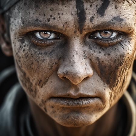 An ultra-realistic close-up of a weathered and battle-worn warrior's  face, with scars, dirt, and sweat visible, their eyes filled with  determination and resilience, revealing a captivating story of hardships  and triumphs. Photography, using a macro lens to capture the finest  details of the facial features, best quality, high quality, good