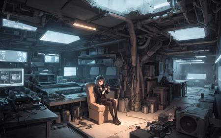 grainy, extremely detailed illustration, 1girl, holding gun, sitting, chair, futuristic, bunker, room, bioluminescence lights, monitors,