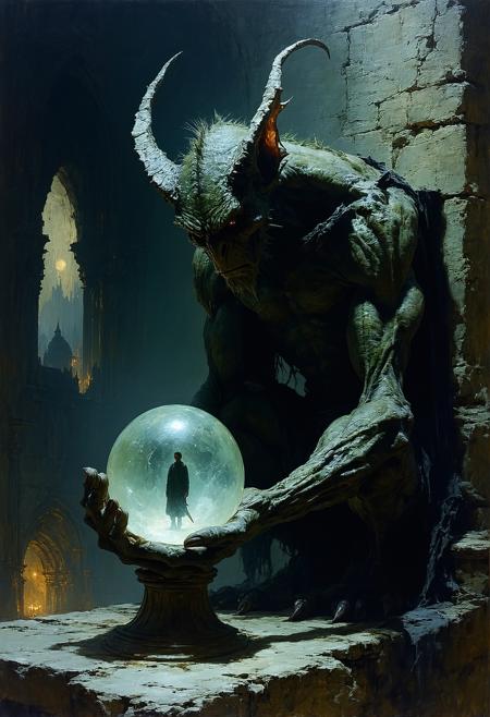 Painterly dark fantasy illustration, style of Brom and Zdzisław Beksiński. Medium close-up: Ancient stone gargoyle, hunched posture, gazes intently into a luminous crystal orb glowing with cool white light. Within the orb, a sharp, miniature vision: an unaware human on a mundane street. Dramatic moonlight casts stark highlights on weathered, moss-flecked stone, contrasting deep abyssal shadows. Visible, textured brushstrokes. Swirling nocturnal mist obscures the distant city. Atmosphere of intense concentration, arcane observation, eerie stillness.