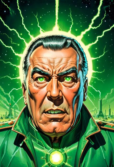 leonid brezhnev
Glowing eyes. Danger. Entity. Illustration. Fabulous palette. Grand composition. Comic book cover. Comic book panel. Sci fi. 
Expressive eyes.  Edgy. Mean. Fun. Celestial backdrop. 
detailed skin, pores, sweat, blush, tan
Necron, electricity, green glow, green theme,