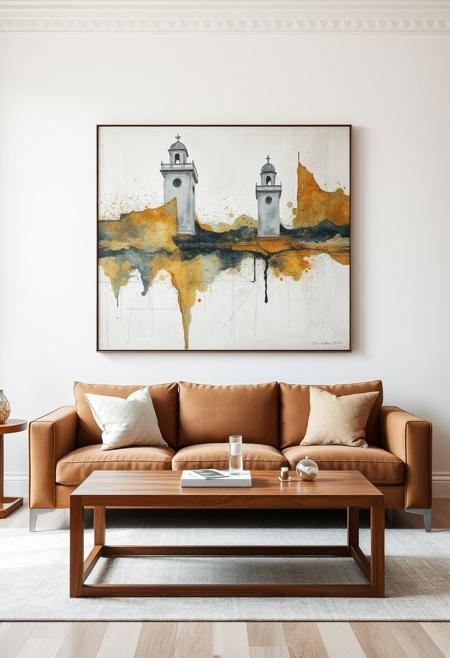 a white living room, painting on the wall, a brown couch, coffee table, intricate detail, winning, sharp focus, original, flux-style