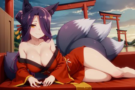 best quality, masterpiece, detailed,
<lora:SewayakiKitsune_Sora:0.8>, KitsuneSora,
1girl, light smile, :3,
purple hair, yellow eyes, long hair, fox ears, hair ornament, hair over one eye, multiple tails,
japanese clothes, red dress, bare shoulders, cleavage, large breasts, barefoot,
lying, looking at viewer,
clouds, couch, torii