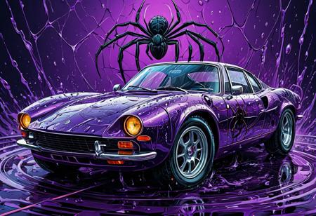 Finely detailed vector illustration, classical sports car, spider, symbiosis, ultra realistic quality, circle symbol, violet background, hyperdetailed, intricately detailed,  triadic colors,fantastical,intricate detail,splash screen,complementary colors, fantasy concept art, 8k resolution, masterpiece, oil painting, thick strokes, rich strokes, running drops,