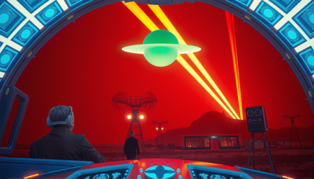cinematic photo A vibrant 1970s Syfy movie scene featuring a bright, futuristic spaceship with geometric patterns and glowing blue exterior. Inside the ship, a holographic display of ancient alien art overlooks a small group of people. A green orb floats in mid-air near the windows, emitting soft, pulsating light. The scene transitions to a desolate yet speculative town, with old-style radio towers broadcasting static, symbolizing an era of both progress and decay. Glowing red and yellow beams streak across the sky like rays of hope or energy, suggesting advanced technology and mysterious phenomena. The overall mood is a mix of awe and tension, capturing the essence of a 1970s Syfy experience with a blend of high-tech imagery andB-movie sensibilities., 35mm photograph, film, professional, 4k, highly detailed