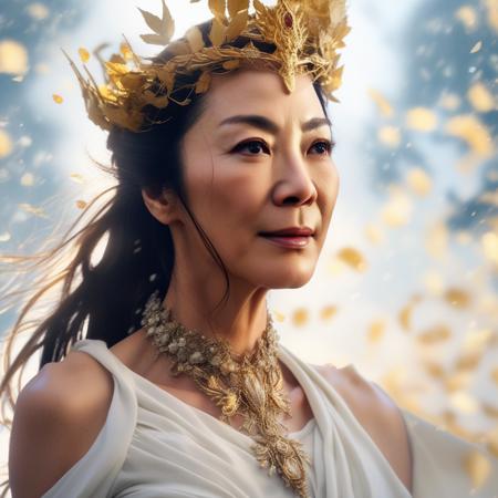 a goddess michelle yeoh, floating in the sky wearing a crown of white roses and golden leaves, beautiful digital illustration highly detailed artstation hd 4k deviantart featured on pixiv fanbox by makoto shinkai tian zi alphonse muchan lois van baarle ilyabovs agnes cecile beaton b fractal flame background trending rtx 30mpl rendered with blender octane render 8K post processing photorealistic volumetric cinematic lighting ultra HD intricate details ray tracing global illumination shadows bo