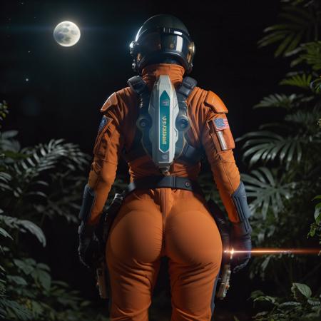 Masterpiece, highest quality, rear angle, Highly detailed photo of a (female space soldier wearing orange and white space suit, helmet, with tinted face shield, rebreather, accentuated booty), athletic body, buff ass, [wide hips], (bending over and leaning forward to investigating a strange glowing alien artifact), on alien exoplanet, (mountains:1.1), (exotic rain forest), lush vibrant foliage, (two moons in the sky:0.8), (hyperdetailed, intricately detailed), background by Jessica Rossier, (sci-fi), during the day, (lens flare:0.5), (bloom:0.6), particle effects, (cinematic lighting:1.1), sharp shadows, ambient light, [bioluminescente], raytracing, photographed on a Pentax K-1 II, 75mm lens, f/2.8 , sharp focus, Cinestill 800T, still frame from Gravity 2013, 8k, HDR, from behind, (epic)