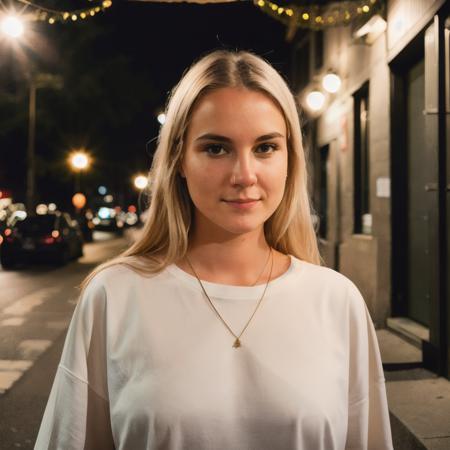 RAW photo, a portrait photo of 25 y.o swedish woman in casual clothes, night, city street, (high detailed skin:1.2), 8k uhd, dslr, soft lighting, high quality, film grain, Fujifilm XT3 <lora:Film lora:0.5>