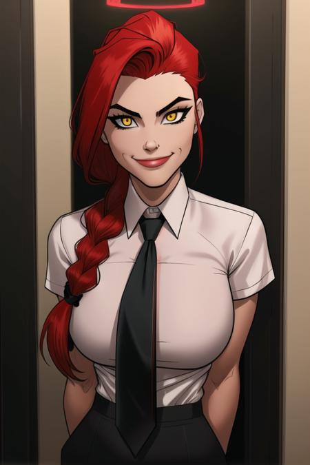 <lora:rabies-t-lagomorph:0.8>, rabies-t-lagomorph, masterpiece, best quality, 1girl, solo, necktie, red hair, black necktie, shirt, smile, looking at viewer, chain, halo, braid, breasts, white shirt, ringed eyes, collared shirt, yellow eyes, bangs, black pants, long hair, medium breasts, braided ponytail, pants, arms behind back, sidelocks, closed mouth, blood,