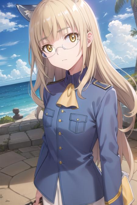 perrineclostermann, <lora:perrine clostermann anime-lora-nochekaiser:1>,
perrine clostermann, long hair, blonde hair, animal ears, (yellow eyes:1.5), glasses, dog ears,
BREAK uniform, military, military uniform, ascot, white ascot,
BREAK outdoors, ship, ocean, sun, sky, clouds,
BREAK looking at viewer, (cowboy shot:1.5),
BREAK <lyco:GoodHands-beta2:1>, (masterpiece:1.2), best quality, high resolution, unity 8k wallpaper, (illustration:0.8), (beautiful detailed eyes:1.6), extremely detailed face, perfect lighting, extremely detailed CG, (perfect hands, perfect anatomy),