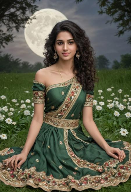 Generate a photorealistic 3D image of an Indian queen. She has long, cascading curly hair decorated with delicate, vibrant flowers. She is dressed in a green dhoti and a strapless blouse of the same color, with minimal but sophisticated jewelry. The queen is posed gracefully on the grass, her navel resting on the ground, her legs raised and crossed at the ankles. A serene, inviting smile adorns her face. The setting features a dark, atmospheric background with a glowing, full moon and a lush, floral landscape, creating a striking contrast that highlights her serene beauty