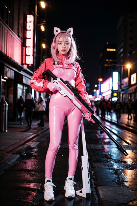 alice cosplay costume, cosplay, pink hair, cropped jacket, animal ear headphones, bodysuit, skin tight, socks holding rifle