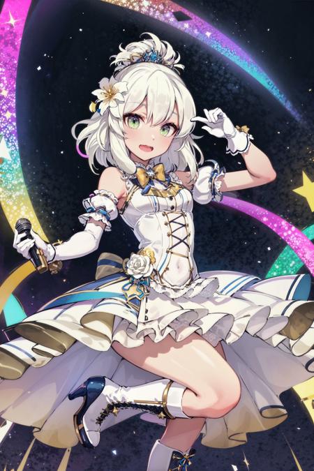 absurdres, high detail, uhd, stage, light, starry sky, night, speaker,
standing, holding microphone, 
ange, white hair, idol costume, hair ornament, hair flower, white flower, white rose, bowtie, white dress, frilled dress, puffy short sleeves, white gloves, elbow gloves, layered skirt, knee boots, cross-laced footwear, high heel boots
<lora:gomaotsu-angelica-t1-000080:0.7>