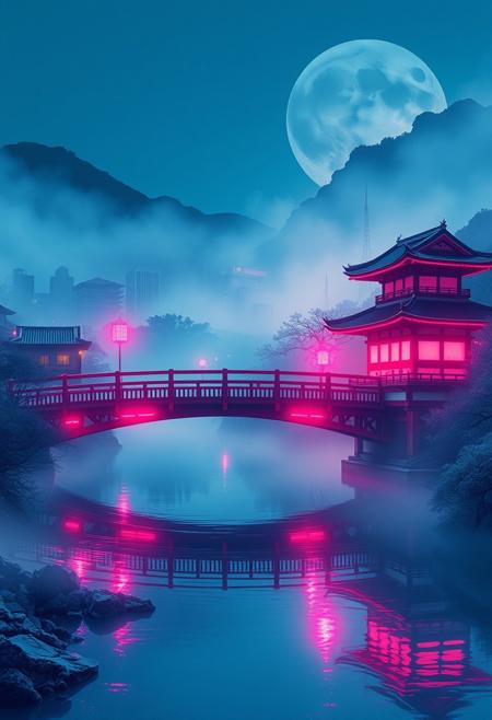 A traditional Japanese bridge over a misty river, but with neon reflections shimmering in the water.
Ukiyo-e inspired composition, bold graphic linework, neon cyberpunk lighting, soft atmospheric mist, Edo-period architecture mixed with modern urban landscapes, deep blues and electric pinks, cinematic contrast, stylized nature elements, traditional meets futuristic