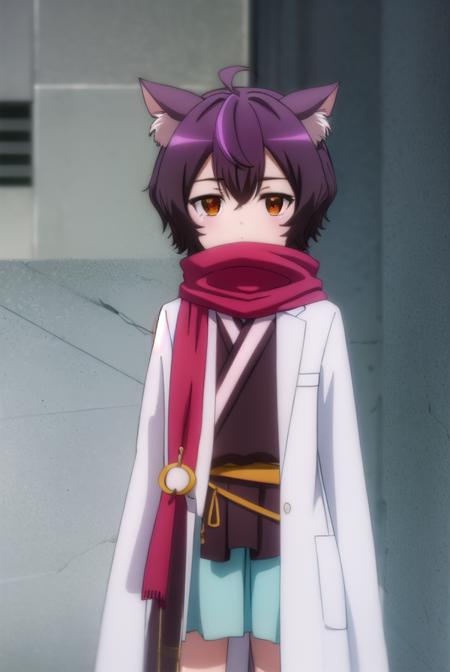 origacalmeria, <lora:origa calmeria s2-lora-nochekaiser:1>,
origa calmeria, short hair, purple hair, animal ears, (brown eyes:1.5), ahoge, cat ears, cat girl,
BREAK tail, japanese clothes, scarf, cat tail, sleeves past wrists, sleeves past fingers, labcoat, bandaged leg,
BREAK indoors,
BREAK looking at viewer, (cowboy shot:1.5),
BREAK <lyco:GoodHands-beta2:1>, (masterpiece:1.2), best quality, high resolution, unity 8k wallpaper, (illustration:0.8), (beautiful detailed eyes:1.6), extremely detailed face, perfect lighting, extremely detailed CG, (perfect hands, perfect anatomy),