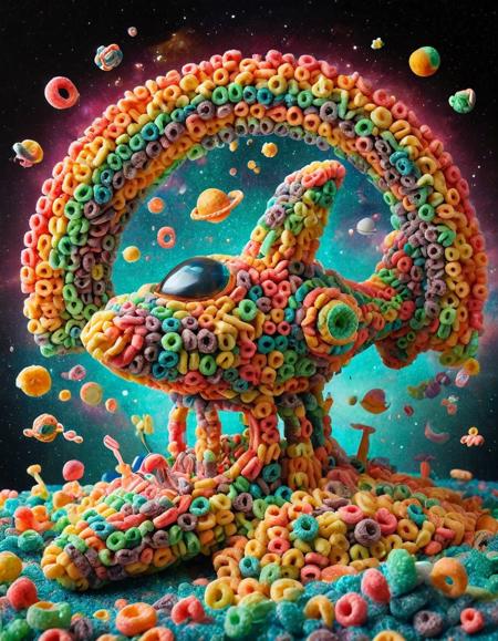 A spaceship made of fruit loops, floating in a galaxy filled with colorful stars and planets. <lora:FruitLoopStyle:1>