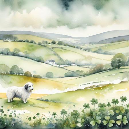 Irish landscape, Celtic style, fluffy sheepdog, oversized shamrocks,  rolling hills, swirling mist, ancient stone circle, intricate details, muted color palette, watercolor texture