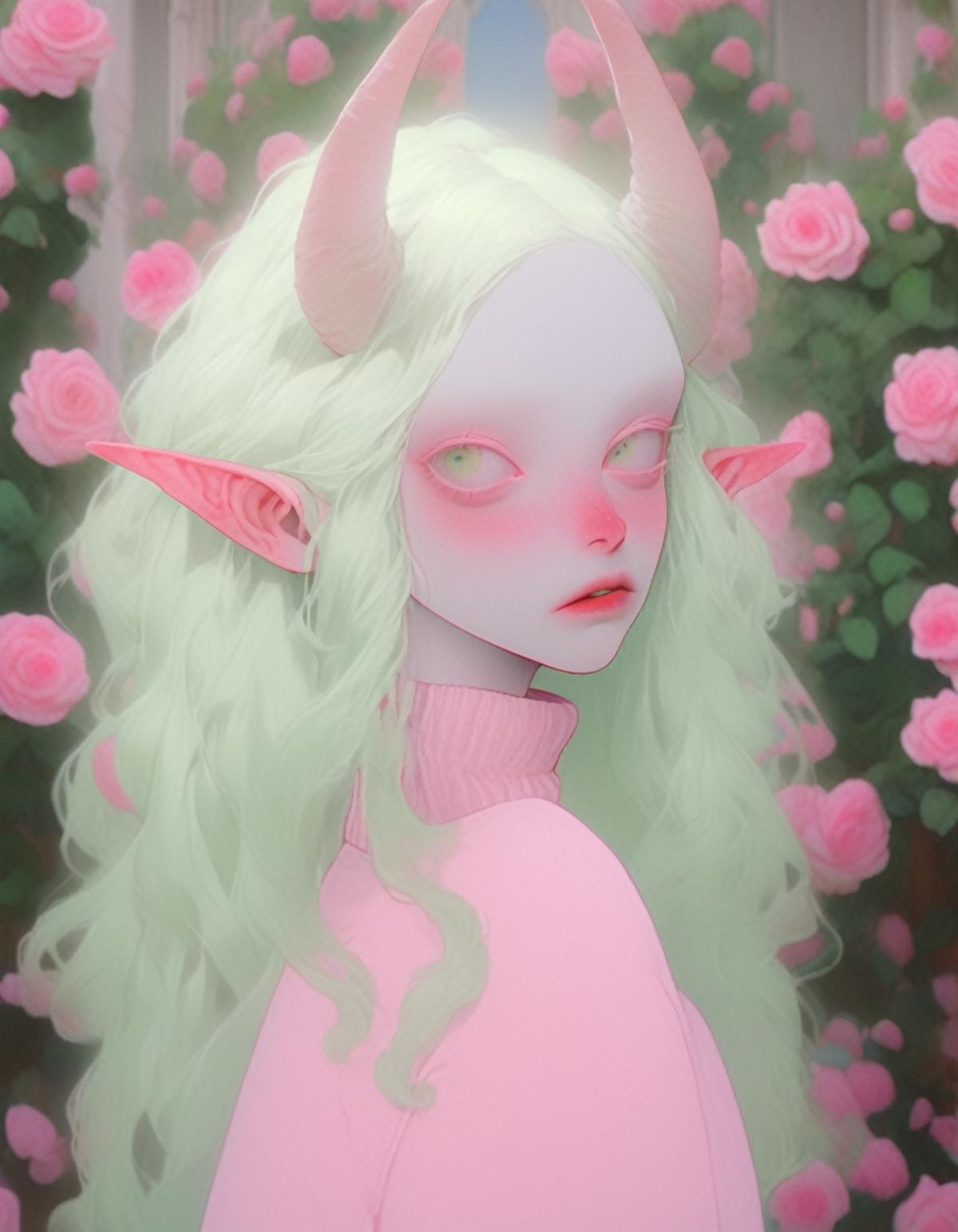 albino demon girl standing with ( green curls hair:1.3) , walking through pink rose bushes and castle in the distance, pin...