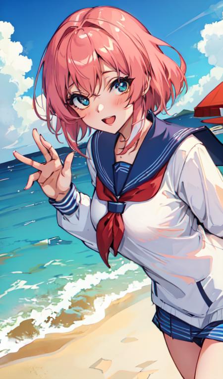 masterpiece, best quality, girl, light blush, white colored eyelashes, sailor suite, serafuku, waving, five fingers, in summer, on the beach, sea, 
thick outline,