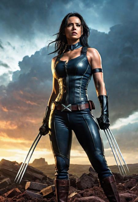 High resolution ultra-realistic of Beautiful Laura Kinney/X-23 Wolverine/Logan, cinematic lighting, Marvel style, Wolverine and X-23 stand side by side in battle pose on a bloody and stormy battlefield, 8k, realistic modern Wolverine X-Men combat costume, gazing straight ahead, dirty face, full body, ultra realistic, cinematic style, athletic figure, day lighting, sharp focus, digital painting, Photograph Taken on Nikon D750, Alphonse Mucha, Hyperdetailed, hyperrealism, aesthetics reminiscent of X-Men, Attractive, asymmetric balance