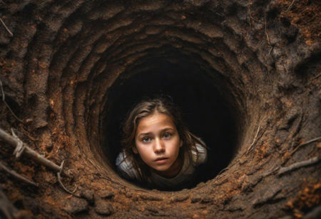 Create an image of a girl trapped in an abandoned vertical tube well, aerial view, dry land, dry trees, light rain, a landscape, dark clouds, her fear, confusion, sunset, dim overhead light, hyper realistic nature.