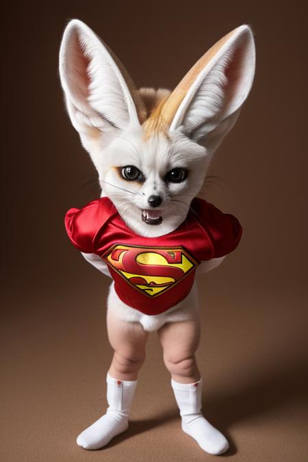 Fennec Fox Hyperrealistic  ((full body)) baby superman SUIT , FOX HEAD,  angry expression, looking to the camera, at school master quality, highly detailed, intricate details,.  <lyco:Fennec Fox:1.0>