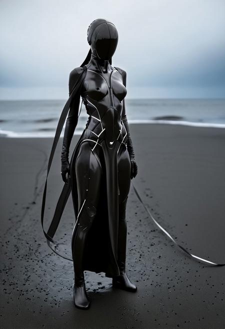 nomad poised to attack, (long streaming hair:1.2), sss, view from behind, standing on mirror flat black sand beach in iceland, cloth tied to waist, streamers of cloth and hair blowing in the intense wind,
<lora:add-detail-xl:1>  <lora:linquivera:1> <lora:Faceless_Cyborgs:0.5> <lora:sss:1> <lora:- SDXL - vanta-black_contrast_V3.0:1>, Cybergoth art style, futuristic and edgy aesthetic, combines cyberpunk and gothic elements, industrial motifs, alternative fashion and culture