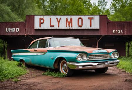 (high res photography, UHD,8k), funny bizarre weird 1960 Plymouth Belvedere, design concept style, two-tone paintjob, background abandoned overgrown Art Deco cinema,