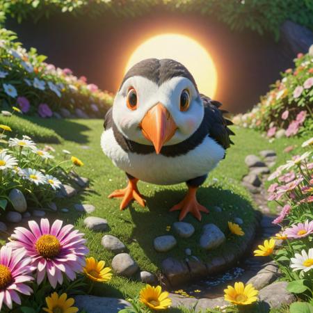 (designed by Johji Manabe:0.9) and (Leanne Surfleet:1.1) and (Takasaki Masaharu:1.2) , anime key visual, concept art, wide shot of a (Puffin:1.3) , it is very Radiant and Hateful, hyper detailed, garden and Daisies background, autumn roots with Carnation, at Sunrise, split diopter, Sketch, Frightening, Rococo, short lighting, 50mm, Offset print, Mandala, epic fantasy, Concept Art World, Pixabay