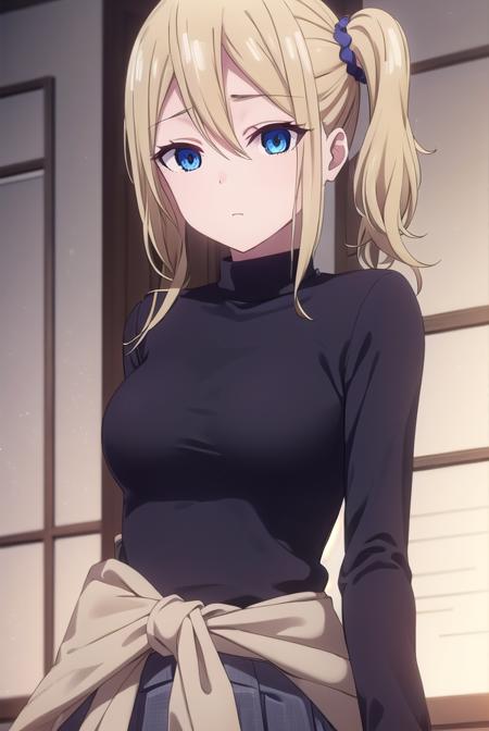 aihayasaka, <lora:ai hayasaka s3-lora-nochekaiser:1>,
ai hayasaka, bangs, blue eyes, blonde hair, hair ornament, hair between eyes, sidelocks, side ponytail, scrunchie, hair scrunchie, blue scrunchie,
BREAK shirt, long sleeves, school uniform, shoes, socks, sweater, cardigan, black socks, clothes around waist, shuuchiin academy school uniform, sweater around waist, cardigan around waist,
BREAK indoors, classroom,
BREAK looking at viewer, (cowboy shot:1.5),
BREAK <lyco:GoodHands-beta2:1>, (masterpiece:1.2), best quality, high resolution, unity 8k wallpaper, (illustration:0.8), (beautiful detailed eyes:1.6), extremely detailed face, perfect lighting, extremely detailed CG, (perfect hands, perfect anatomy),