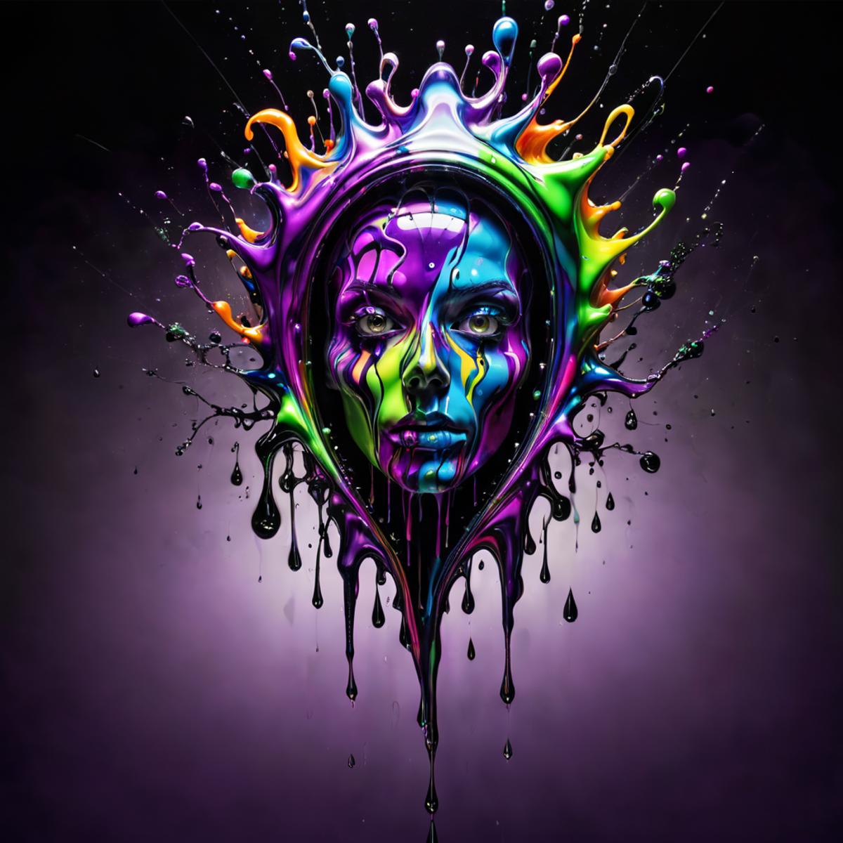 Colorful Paint Splattered Portrait of a Woman on a Purple Background