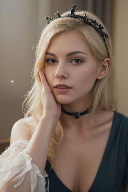 A beautiful 30-year-old woman, confident, mysterious and imposing with voluminous and very long white hair down to her waist, adorned with black stars, wears a black crescent moon crown, wears a long flowing black dress and tunic with stars and sparkles. She hugs and affectionately kisses the mouth of a blonde woman next to her. She sits on an imposing stone throne in the night forest. 
Detailed background, RAW photo, subject, 8k, soft lighting, high quality, film grain, Fujifilm, nsfw, (natural skin texture, hyperrealism, soft light, sharp), (perfect round eyes:1.3), Capture the essence of her beauty, Enrich the composition with soft, diffused natural light that accentuates the textures and colors, creating a timeless and culturally rich image, EyeDetail-SDXL, fFaceDetail-SDXL