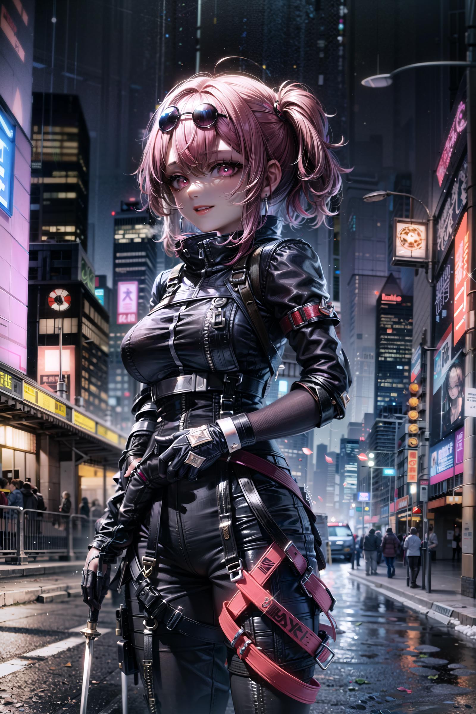 A woman wearing black leather and carrying a gun in a futuristic city.