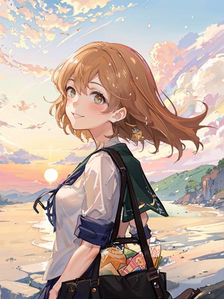 oboro \(kancolle\), 1girl, solo, school uniform, serafuku, upper body, sailor collar, sunset, blue sailor collar, blush, v, looking at viewer, smile, bag, orange sky, green eyes, light brown hair, original, intricate detail, illustration, masterpiece, extremely detailed CG unity 8k wallpaper, highlight, sharpening, dynamic,   <lora:Oboro:0.5>