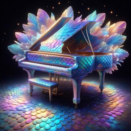 p1nk1r1sc4l3s, a piano made out of iridescent scales, masterpiece, best quality, highly detailed, sharp focus, dynamic lighting