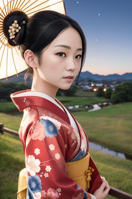 masterpiece, ultra detailed, japanese woman, wearing traditional kimono attire, wearing kimono headgear, hair in a bun, windy, background is rural area, (night:1.2), detailed shadow, detailed face textures